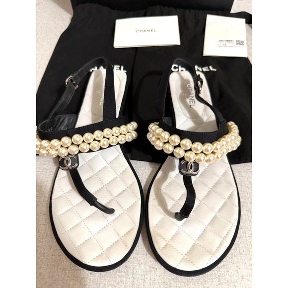 CHANEL Shoes - Chanel Women's US Size 7 Black with Pearls Flat Buckle Thong Sandals $1,250‎